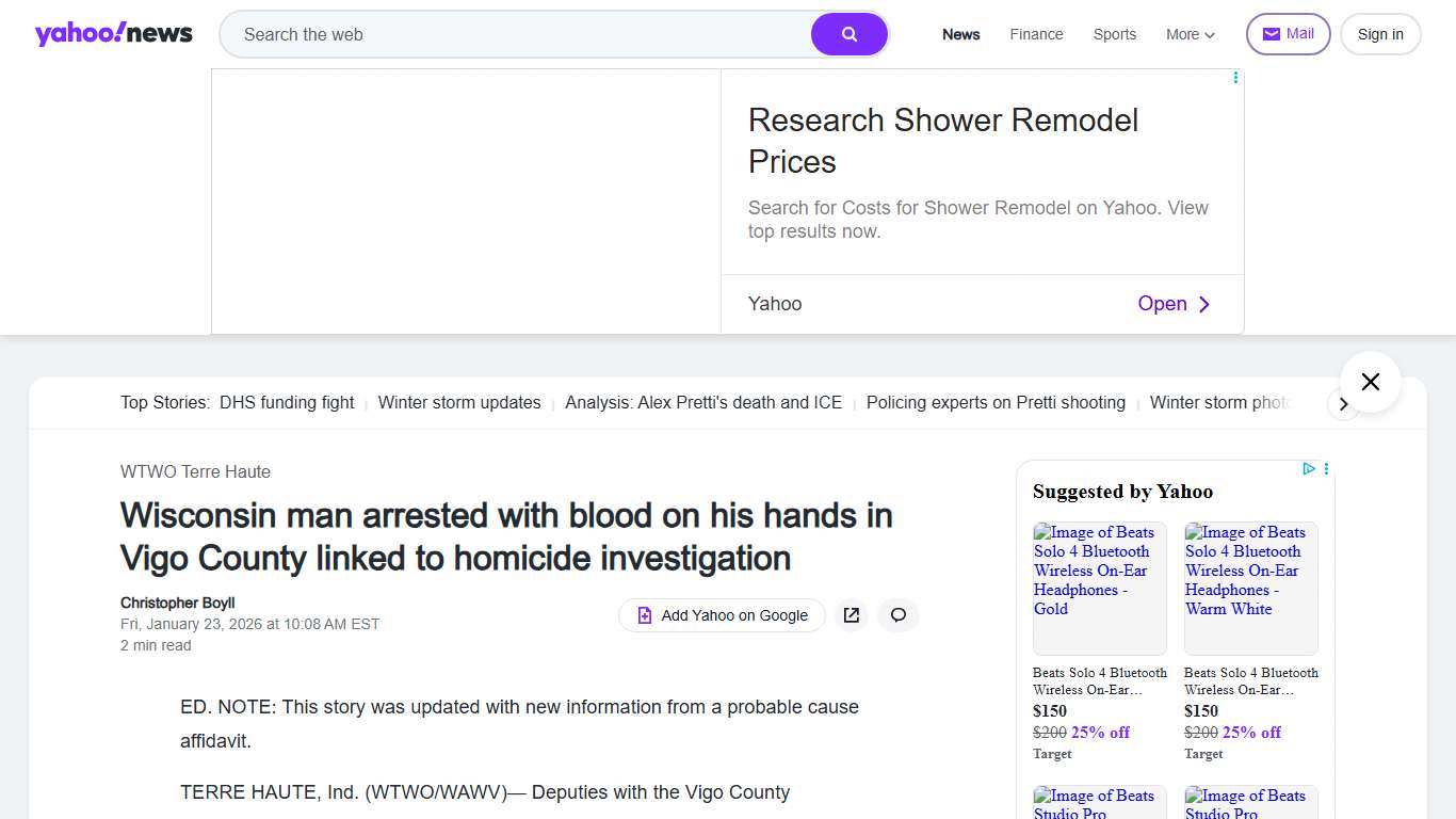 Wisconsin man arrested with blood on his hands in Vigo County linked to homicide investigation